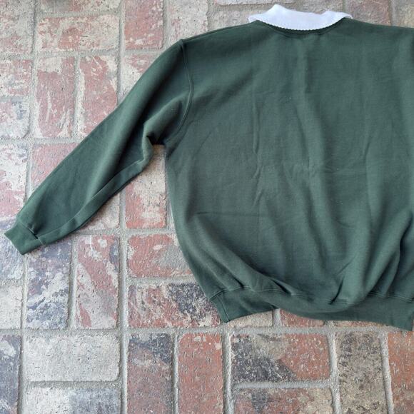 Vintage Morning Sun Green Sweatshirt Collared Christmas Trees Cozy Holiday - Picture 6 of 8